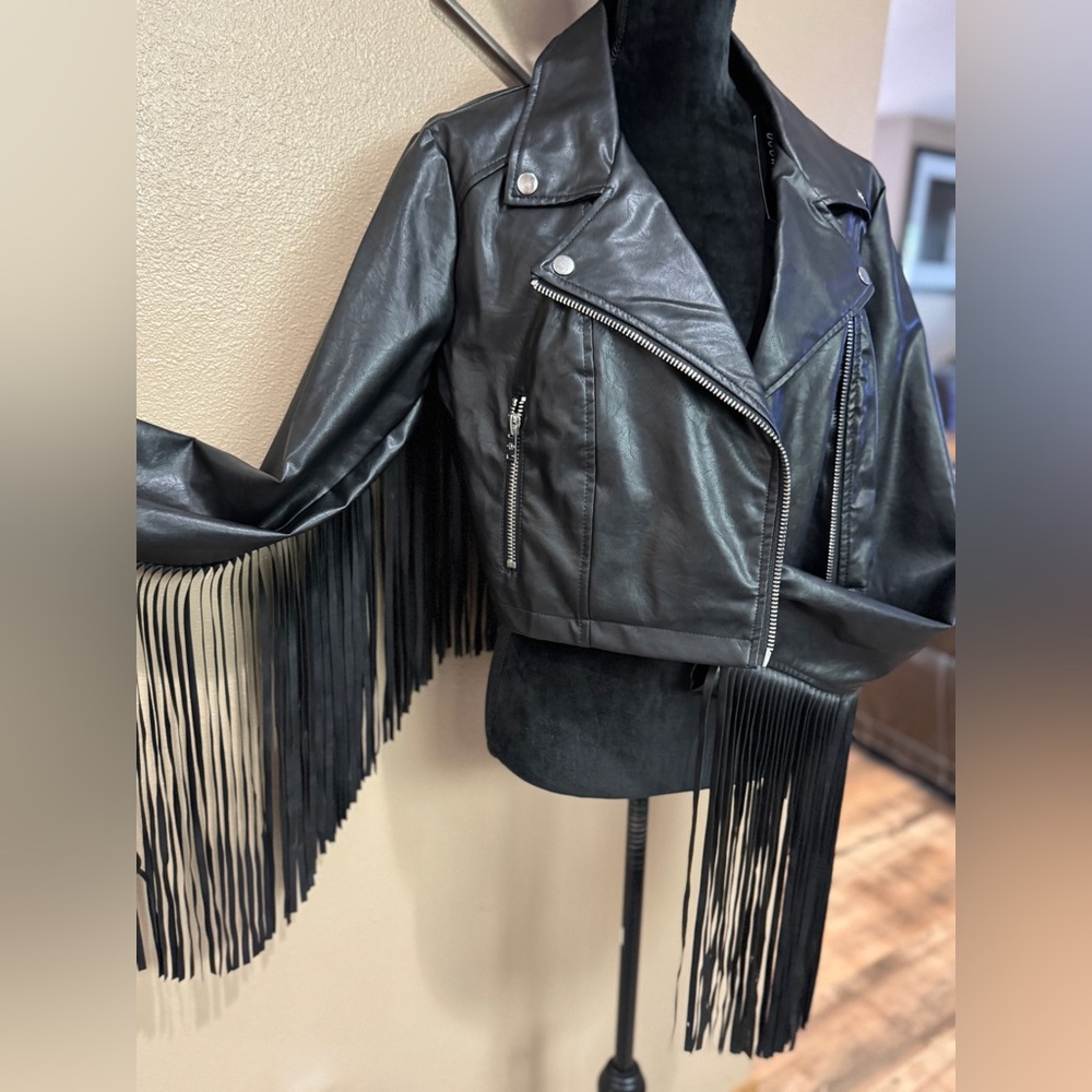 Faux leather fringe motor jacket